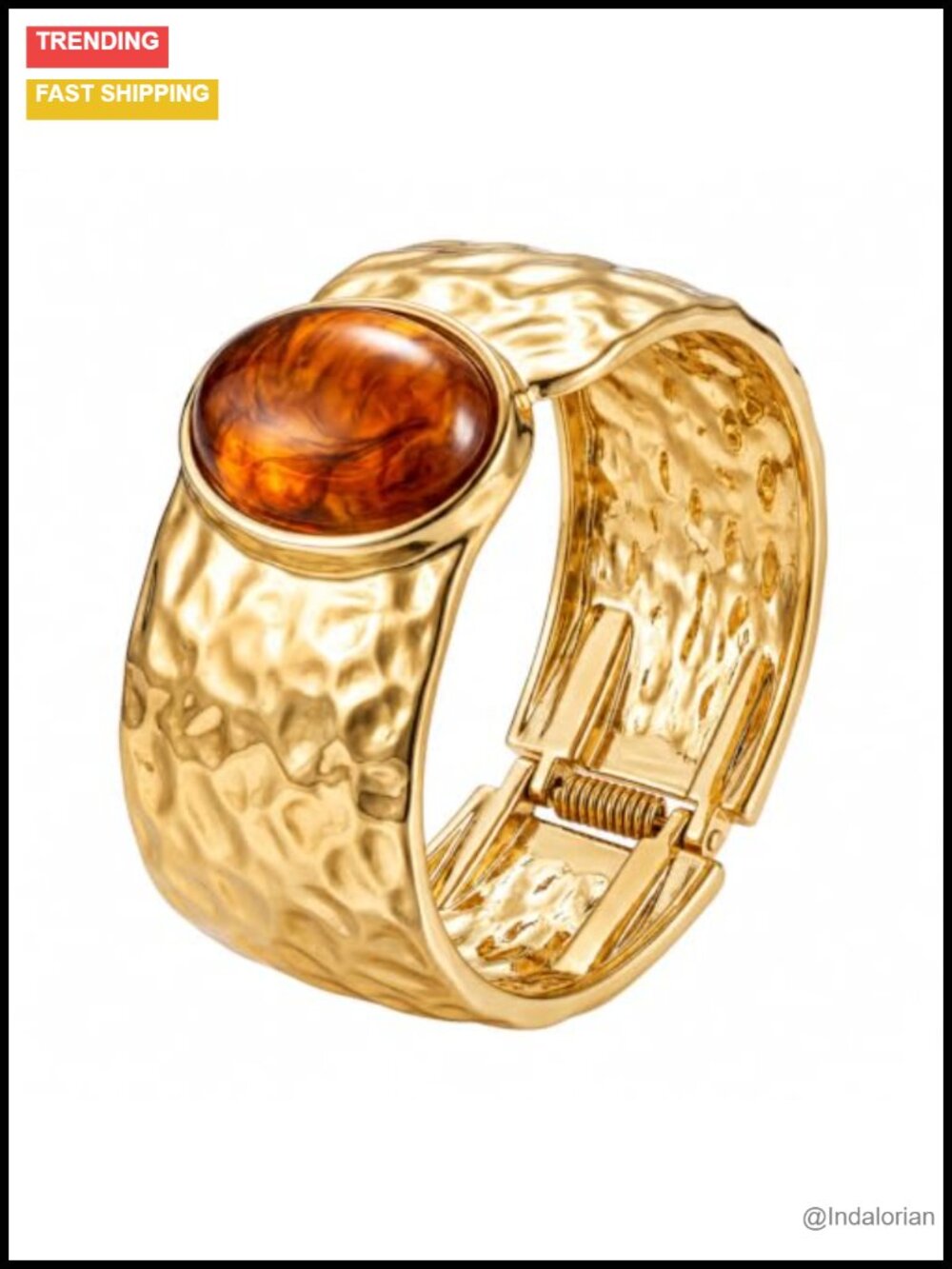Gold Tone Hammered Wide Cuff Bracelet Oval Resin Stone Hinged Statement Bangle
